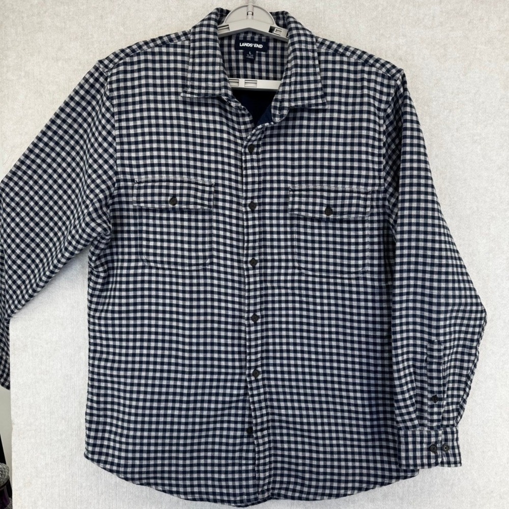 Lands End Mens Navy Blue Gray Gingham Flannel Shirt L 16-16.5 Cotton Button Down